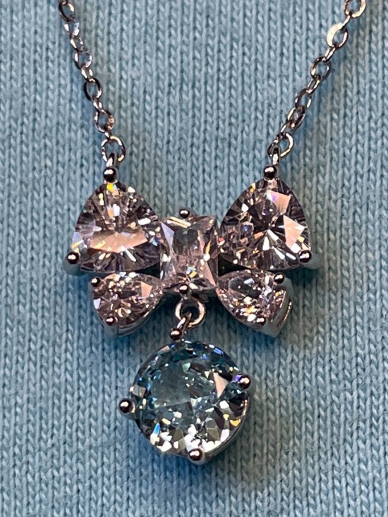 Jewelry - NIB Elegant Bow Pendant Necklace with Blue and Clear Stones. 18”.